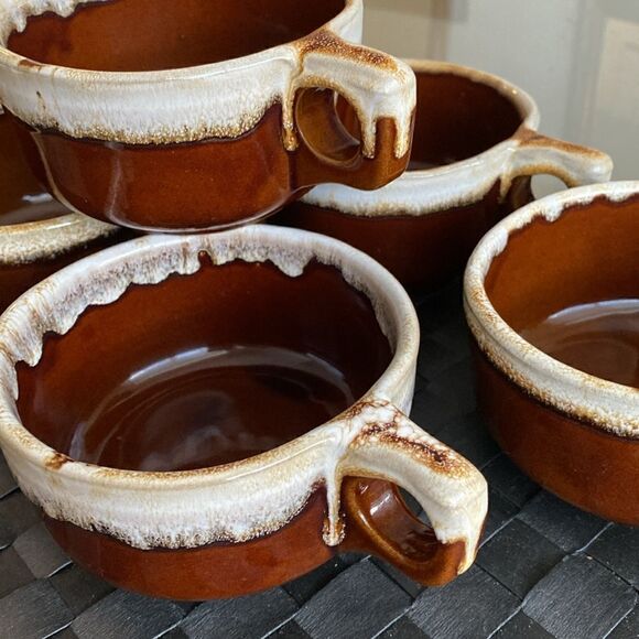 Vintage Western Stoneware Pottery Set Of 6 Brown Drip Chili Soup Mug Maple Leaf - Picture 4 of 10